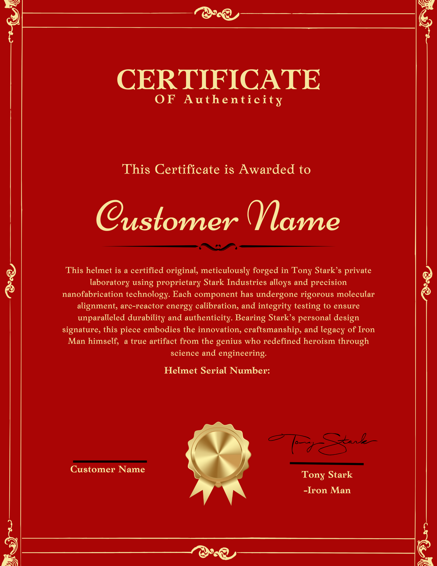 Digital Certificate of Authenticity Signed by Tony Stark